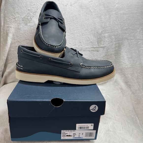 SPERRY NEW Mens 2-Eye Boat Shoes Loafer US 12M Navy Leather Slip On Double Sole - Picture 1 of 12